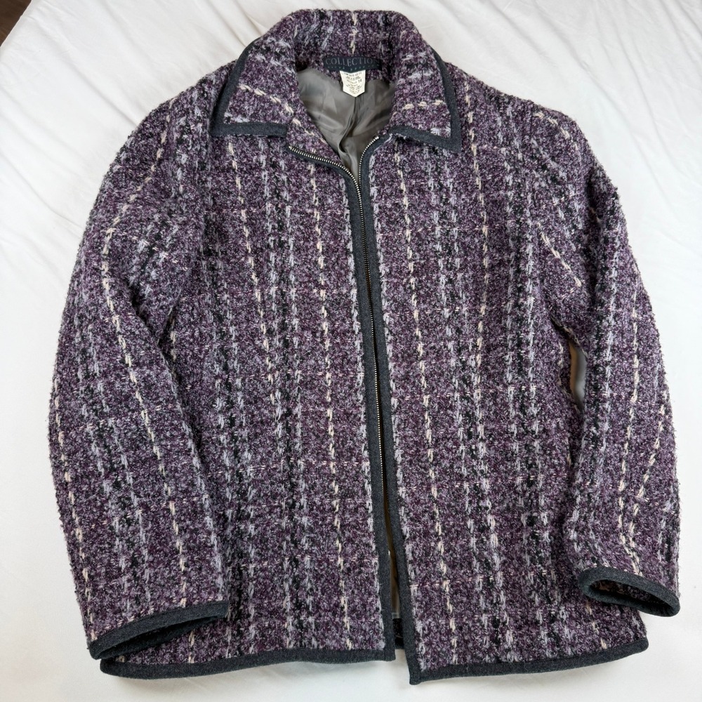 Herve Benard Collection Purple Wool Blend Boucle Tweed Zip Jacket Womens 14